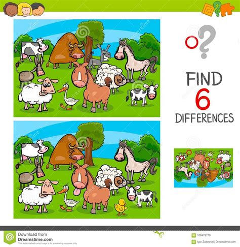 Differences Game With Farm Animal Characters Stock Vector