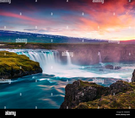 Summer Morning Scene On The Godafoss Waterfall Colorful Sunset On The
