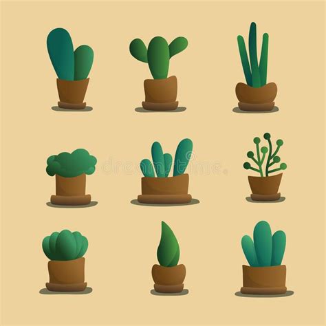 Modern Succulent Collection Cartoon Green Cactus Succulent Plants