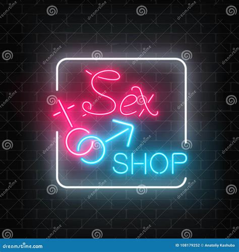 Glowing Neon Sex Shop Street Sign On Dark Brick Wall Background Adult