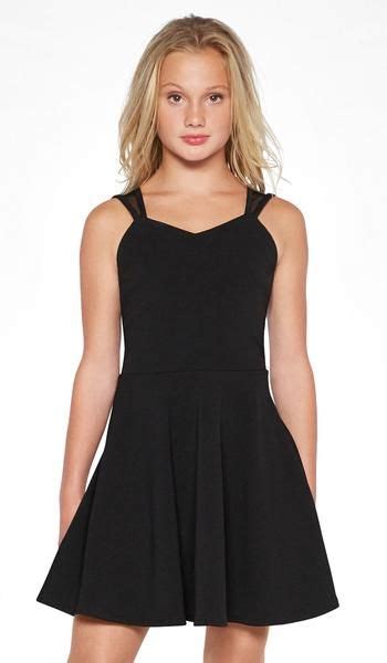 The Jackie Dress Tween Black Textured Stretch Knit Skater Dress With Mesh Straps Content 95