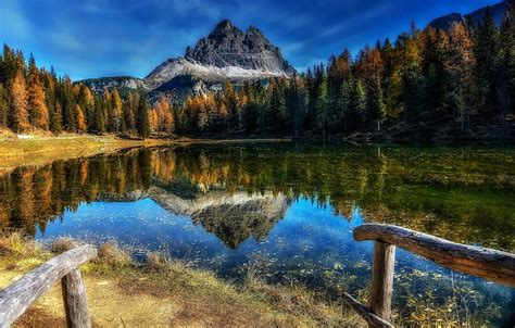 Autumn Forest Trees Mountains Lake Reflection Italy Mountain