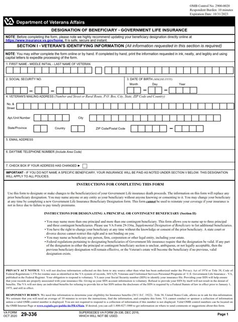 Va Form 29 336 Designation Of Beneficiary Government Life Insurance