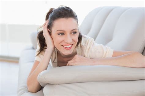 Smiling Relaxed Casual Woman Lying On Sofa Stock Image Image Of Indoors Sitting 35034533