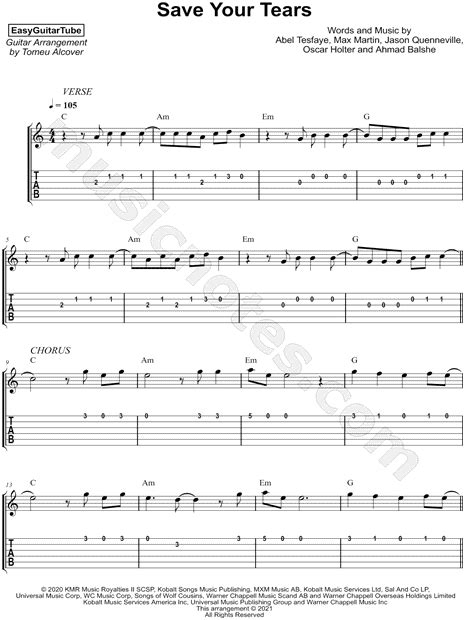 EasyGuitarTube "Save Your Tears" Guitar Tab in C Major - Download