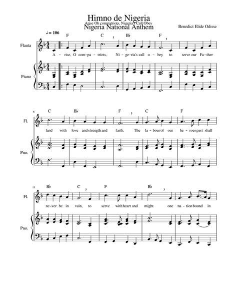 Himno De Nigeria Nigeria National Anthem Sheet Music For Piano Flute