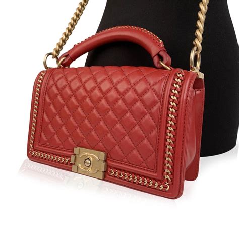 Chanel Red Quilted Leather Top Handle Medium Boy Bag With Chains For