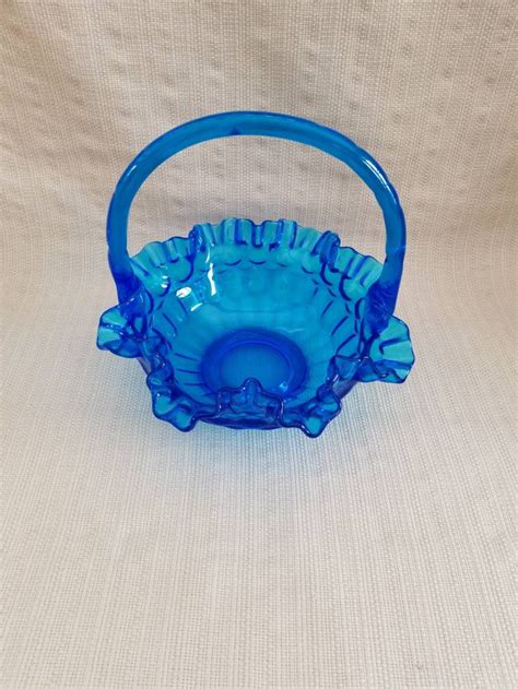 Blue Fenton Glass Basket 8 Thumbprint Pattern Vintage Etsy