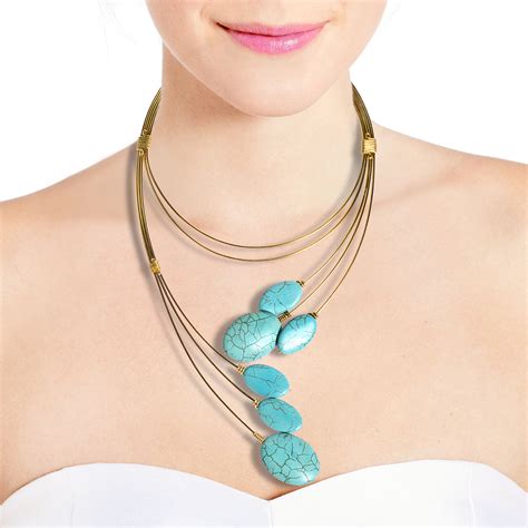 Modern Brass Floating Wrap Oval Turquoise Statement Necklace