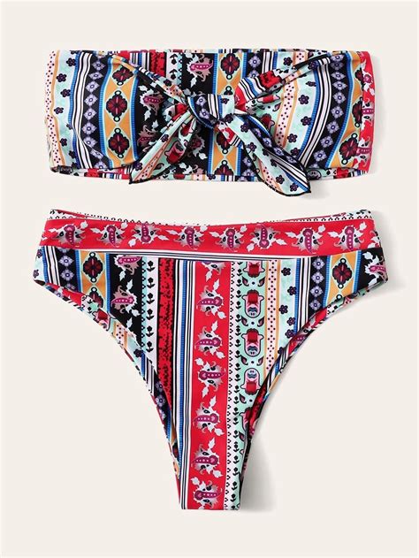 Multicolor Graphic Print Bandeau Swimsuit Top With High Waist Bikini
