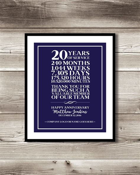 20 Year Work Anniversary Print T Idea Customizable Thank Etsy Work Anniversary 20 Year