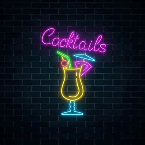 Premium Vector Glow Neon Sign Of Cocktails Bar On Dark Brick Wall Background Glowing Gas