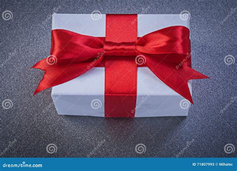 Present Box With Red Ribbon On Grey Surface Top View Holidays Co Stock