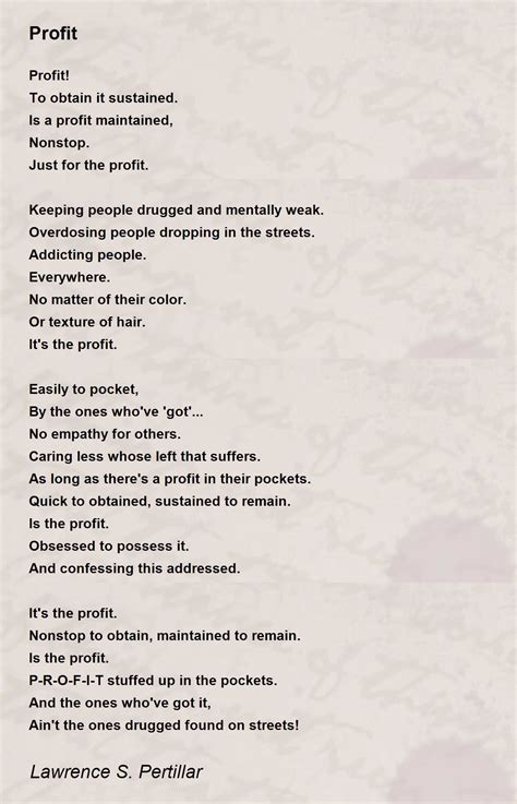 Profit Profit Poem By Lawrence S Pertillar