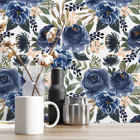 Watercolor Floral Navy Blue Peel And Stick Wallpaper Temporary Etsy