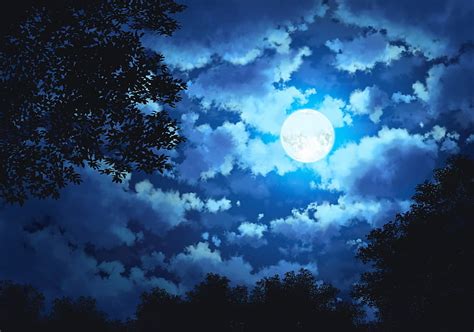Hd Wallpaper Anime Landscape Night Moon Clouds Trees Sky Cloud