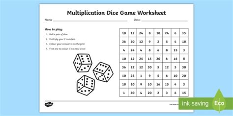 Multiplication Dice Game Worksheet (teacher made)