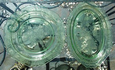 Vtg Depression Glass Green Florentine Poppy Hazel Atlas Platter Set Of