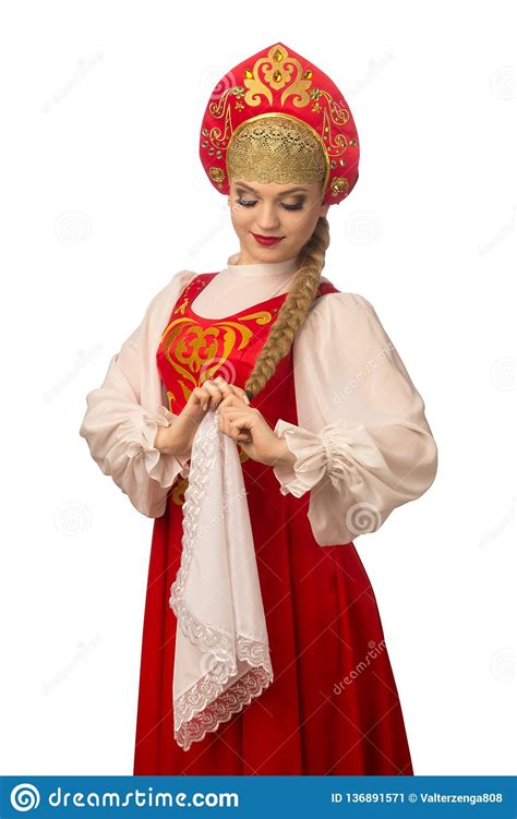 Beautiful Smiling Caucasian Girl Russian Folk Costume Isolated White