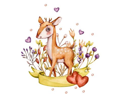 Cute Baby Deer Animal And Flowers Nursery Isolated Illustration For