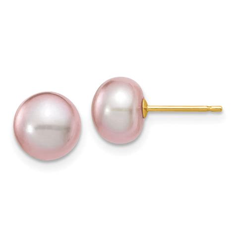 Diamond2deal 14k Yellow Gold 7 8mm Purple Button Cultured Pearl Stud