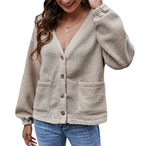 Hubery Women Buttons Pockets V Neck Long Sleeve Solid Color Cardigan