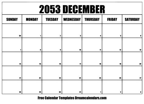 December 2053 Calendar Free Blank Printable With Holidays
