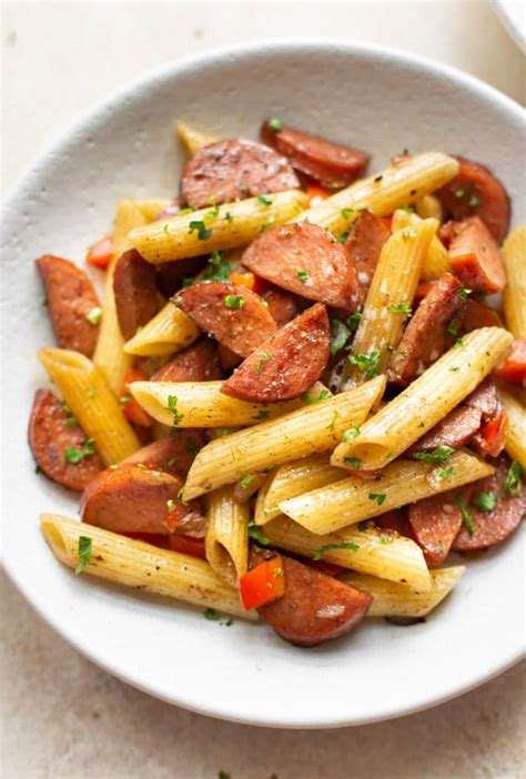 In a skillet, brown sausage in oil for 3 to 4 minutes. Simple Balsamic Smoked Sausage Pasta • Salt & Lavender