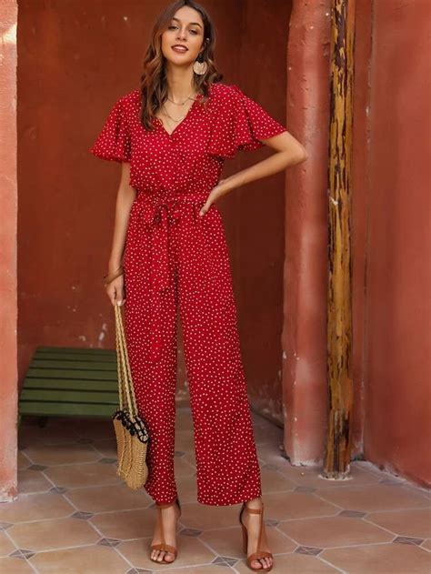 polka dot butterfly sleeve belted jumpsuit shein usa