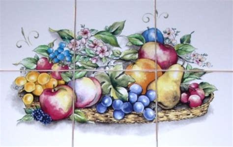 Fruit Kiln Fired Ceramic Tile Mural Peach Pear Grapes 6 Piece Set
