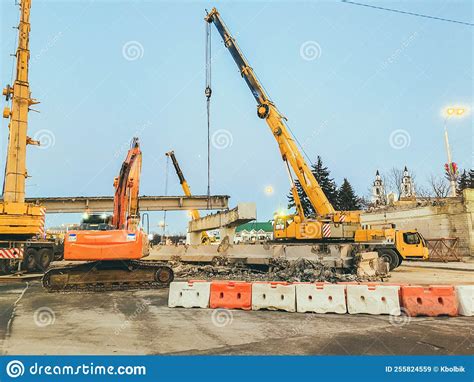 Construction Of A Broken Bridge On A Busy Road Construction Equipment