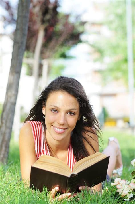 Young Woman In Green Park Book And Reading Stock Image Image Of