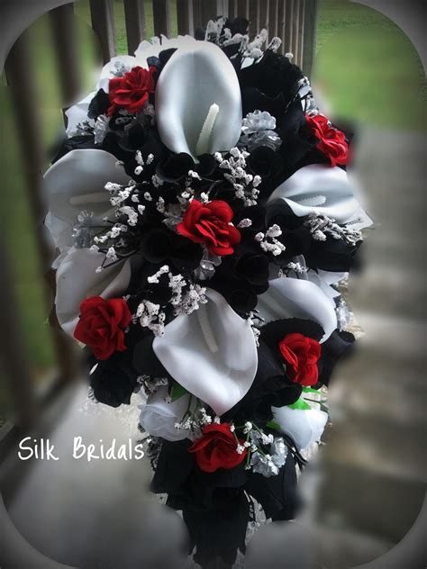 Choose pearlized latex balloons in lavender or silver to make an elegant statement anywhere — along the wedding aisle or around the garden where guests greet and meet. Bridal Bouquet Silk Wedding Flowers BLACK Red White Silver