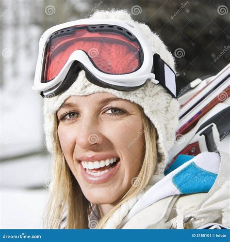 Happy Woman Going Skiing Stock Photo Image Of Coat Outdoors
