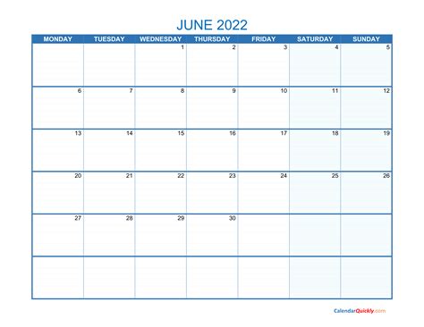 June Monday 2022 Blank Calendar Calendar Quickly