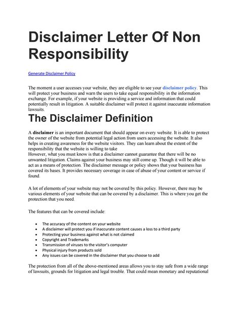 Disclaimer Letter Of Non Responsibility By Jofraarcher291 Issuu