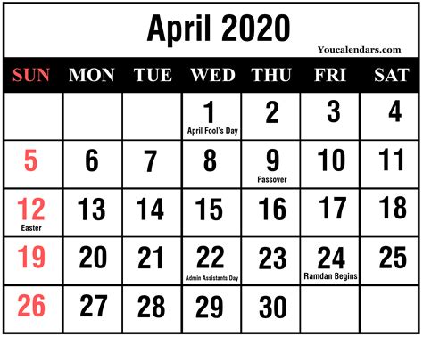 April 2020 Calendar Pdf Printable Template Free You Calendars