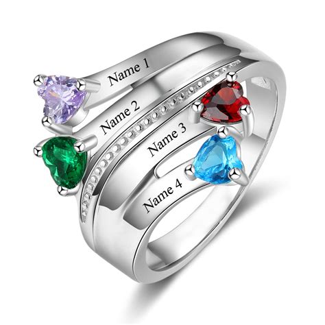 Personalized Silver Stackable Heart Cut 4 Stones Birthstone Ring In