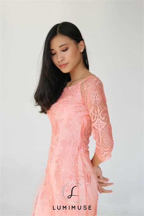 Rose Gold Pink Floral Lace Ao Dai O D I For Tet Lunar New Year