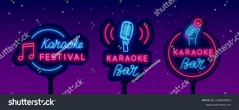 Karaoke Bar Neon Labels Collection Glowing Stock Vector Royalty Free