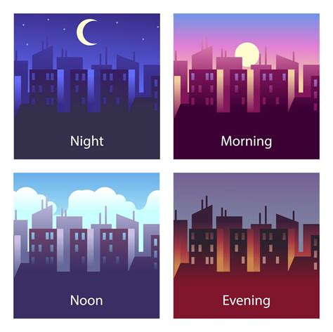 Different Times Of Day Night And Morning Noon And Evening 4 Times V