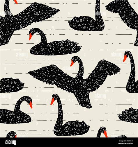 Seamless Pattern With Floating Black Swans Hand Drawn Birds Stock