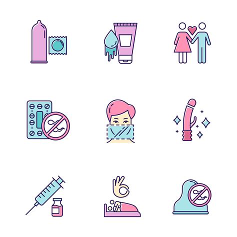 Safe Sex Color Icons Set Female Male Condoms Oral Contraceptive