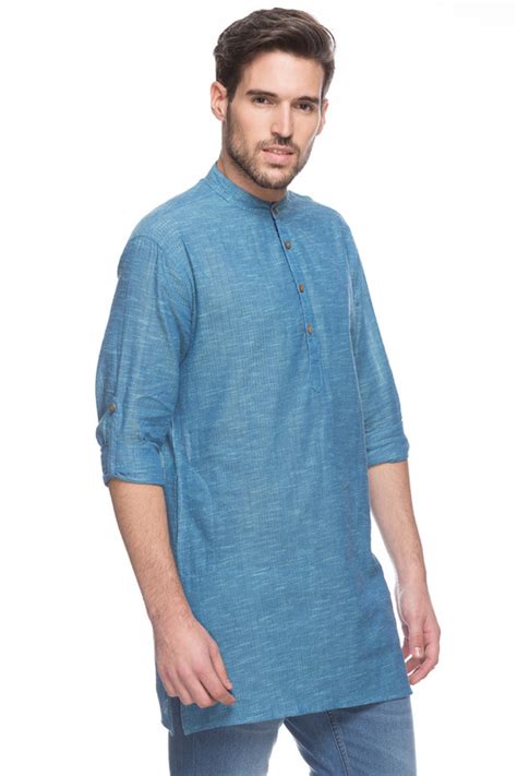 Shatranj Mens Indian Mid Length Kurta Tunic Banded Collar Textured