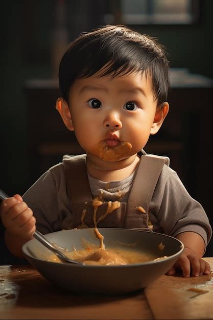Asiatisches Kind Isst Zum Ersten Mal In Der Küche Premium Foto