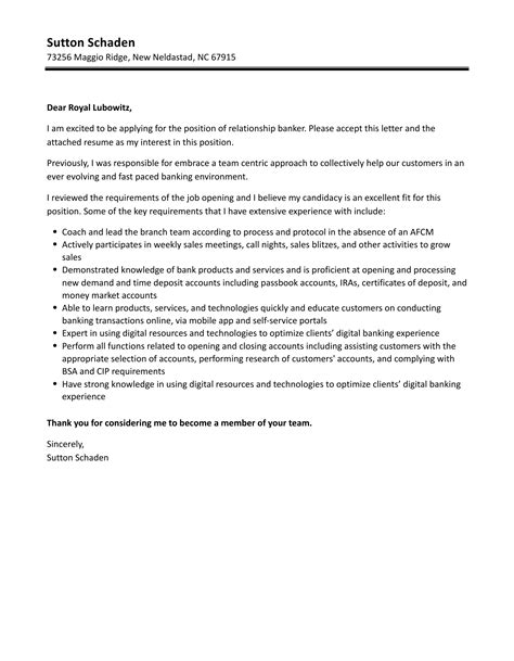 Relationship Banker Cover Letter | Velvet Jobs
