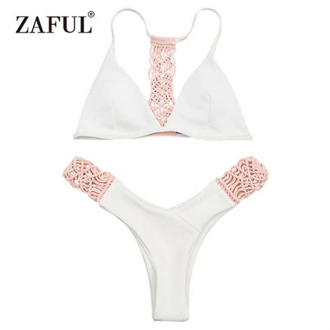 Zaful 2017 Women New Macrame Padded Thong Bikini Set Mid Waisted Spaghetti Straps Swimsuit Sexy