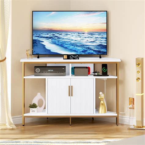 Dextrus White Corner Tv Stand For 55 Inch With Power Outlet Modern