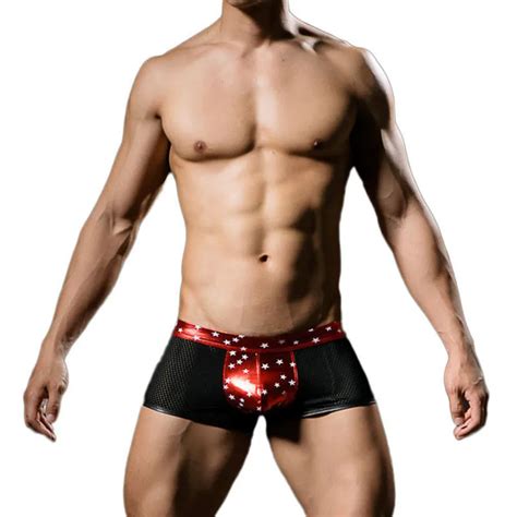 New Men Boxers Star Printed Underwear Sexy Faux Leather Fashion Boxers