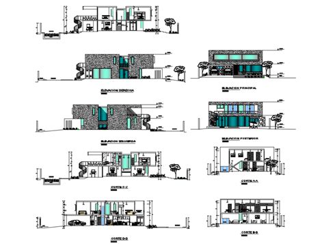 Two Level Housing Bungalow All Sided Elevation And Sectional Details Dwg File Open House Plans